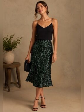 Rachel Parcell Emerald Iridescent Sequin Midi Skirt Glam Statement Piece Size S